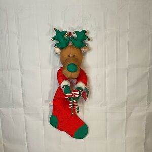 Vintage Puffy Nylon Reindeer Christmas Stocking